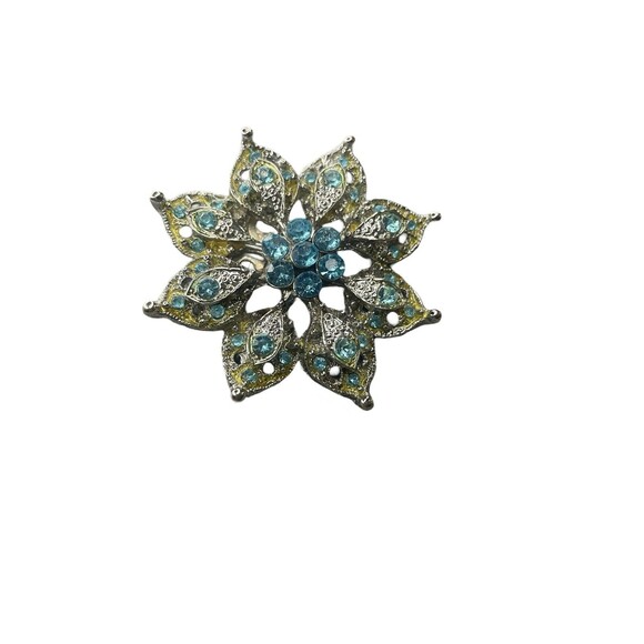 Aqua Blue Rhinestone Brooch Yellow/Green Accents Silver Tone 1.75" Round Pin - Picture 1 of 11